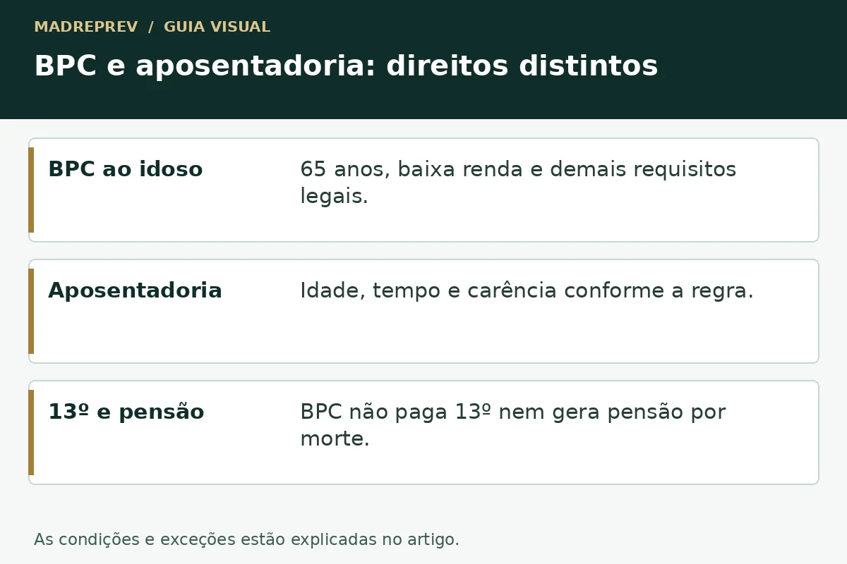 BPC e aposentadoria: direitos distintos: BPC ao idoso; Aposentadoria; 13º e pensão.